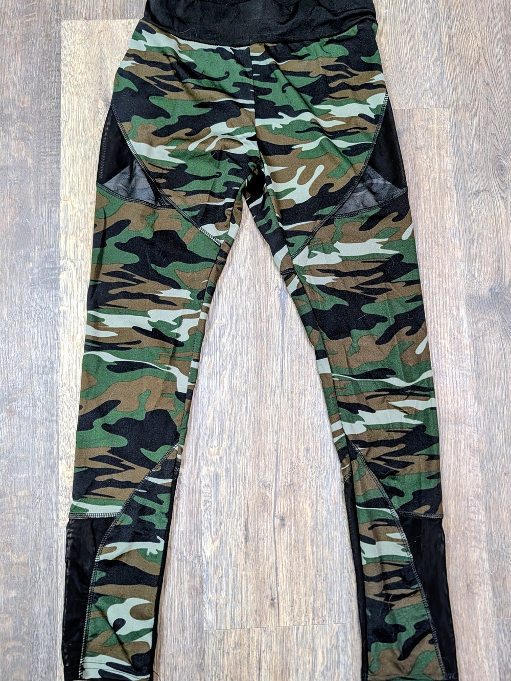 Camo Print Leggings with Black Mesh Panels
